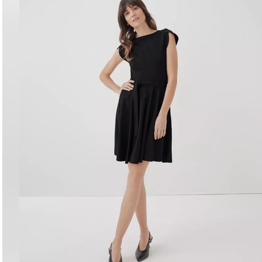 Pact Black Organic Cotton Fit and Flare Dress Petal Sleeve Belted Pockets Size M